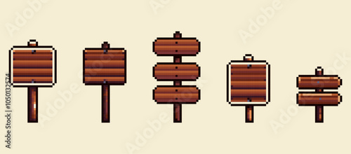 Pixel Art Wooden Signboard Icons. Pixelated Wooden Signboard Set.