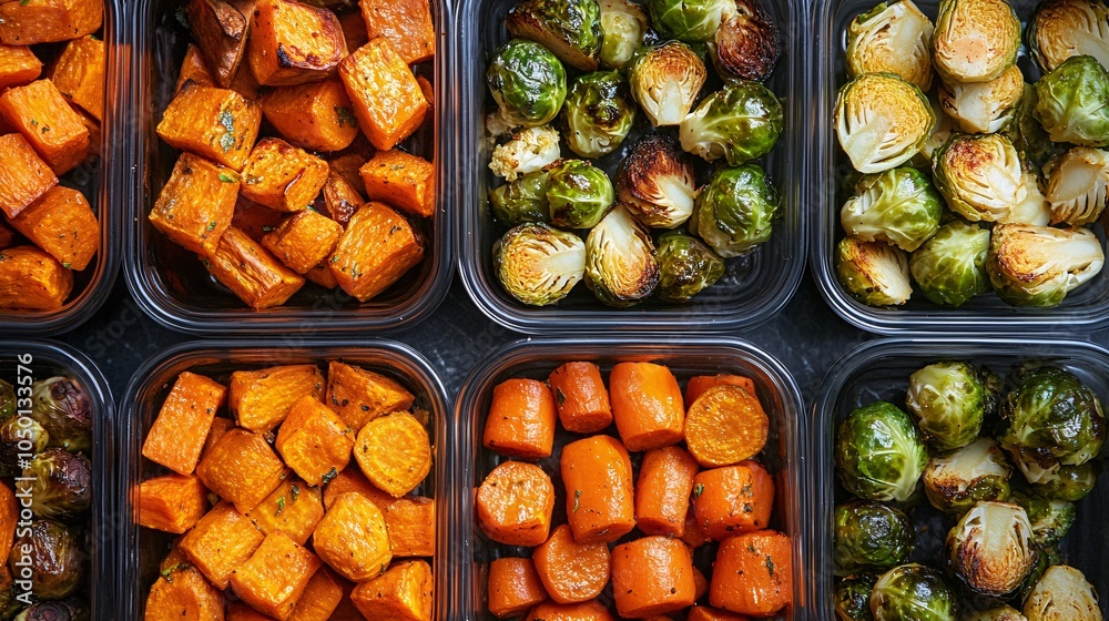 Healthy food background. Close-up of baked sweet potato and brussels sprouts in plastic containers, top view. Healthy food background. Close-up of baked sweet potato and brussels sprouts in plastic containers, top view.