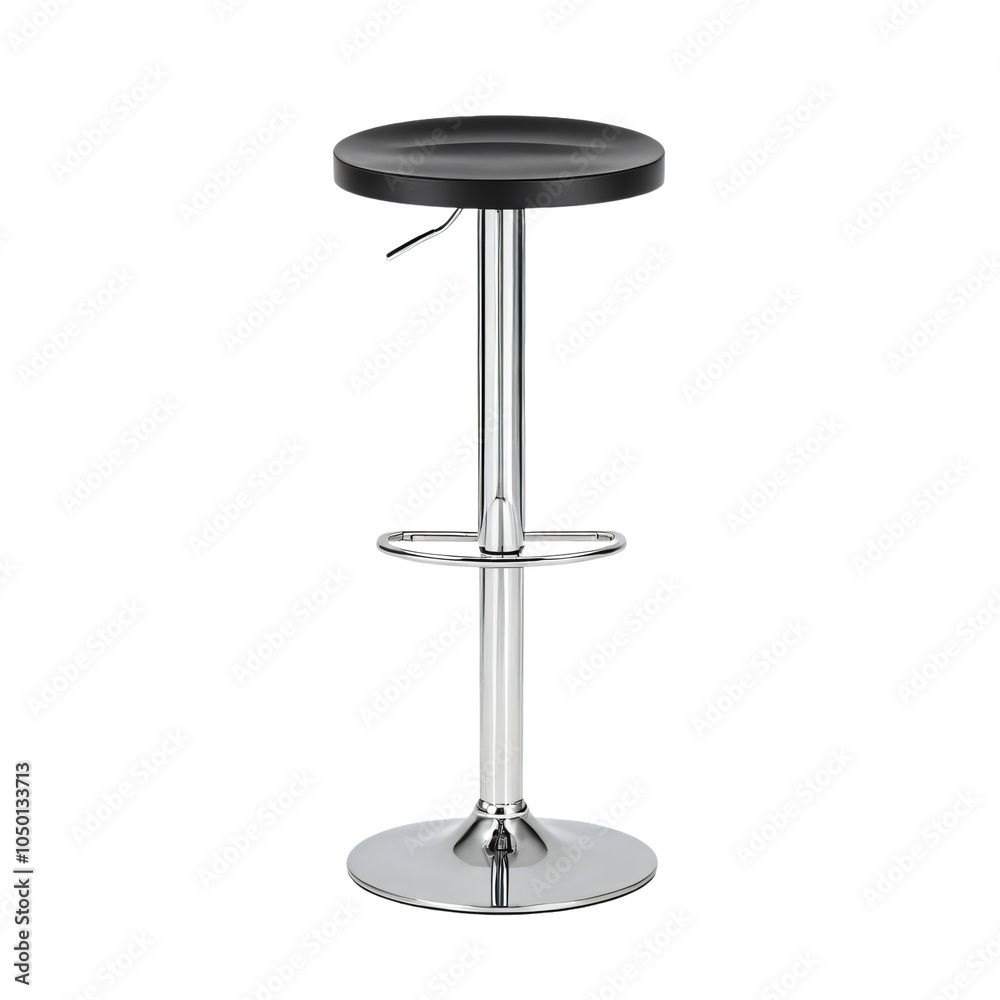 A sleek, silver and black bar stool with a round top and curved legs stands alone against a white background, showcasing its modern design and functionality A sleek, silver and black bar stool with a round top and curved legs stands alone against a white background, showcasing its modern design and functionality