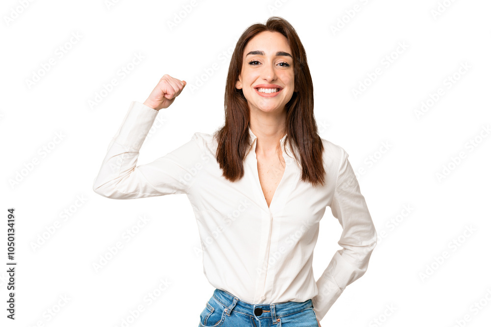 Young caucasian woman over isolated chroma key background doing strong gesture Young caucasian woman over isolated chroma key background doing strong gesture