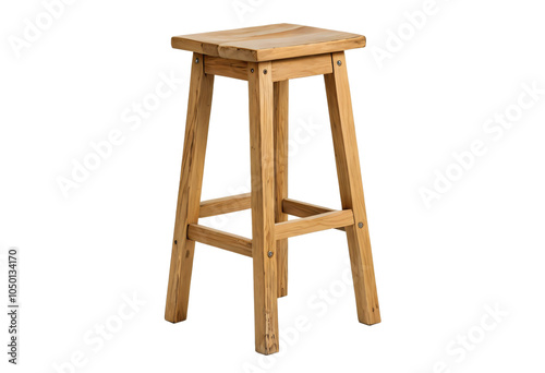 A light-colored wooden stool with a square-shaped seat and legs, featuring a natural finish and a minimalist design, stands alone against a white background, emphasizing its simplicity and elegance