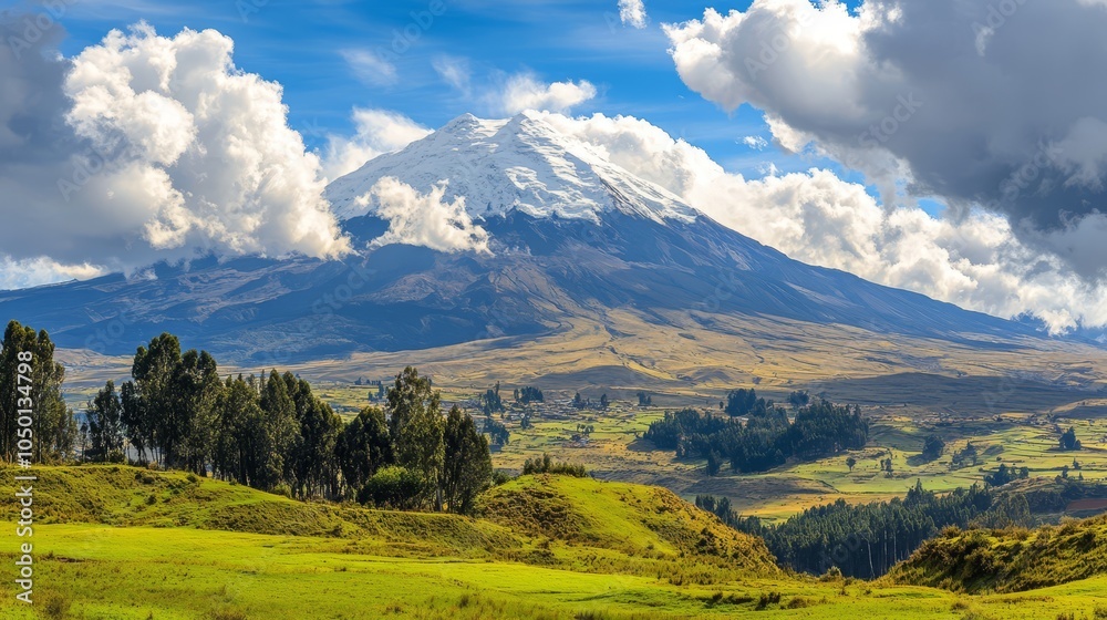 Obraz premium Majestic Snow-Capped Volcano Surrounded by Lush Greenery Under a Dramatic Sky