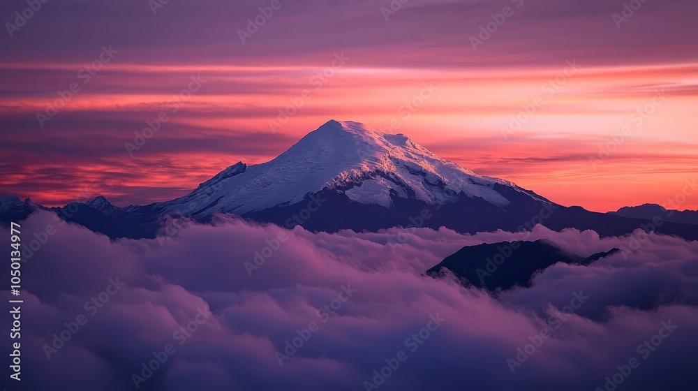 Naklejka premium Snow-Capped Mountain at Sunset with Colorful Cloudscape