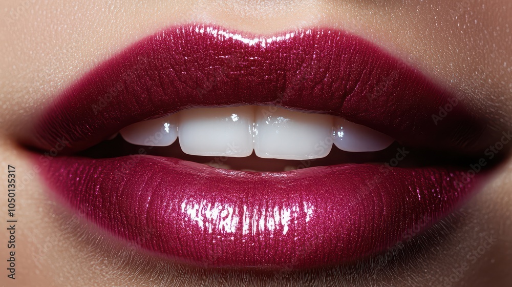 Obraz premium Close-up of shiny burgundy lips with natural teeth