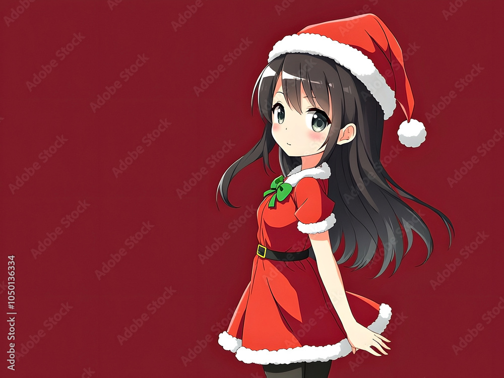 Anime girl dressed up in Santa outfit isolated on solid dark red background with copy space Anime girl dressed up in Santa outfit isolated on solid dark red background with copy space