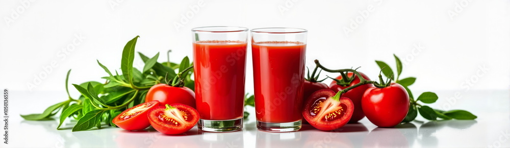 Fresh tomato juice glasses with basil and tomatoes Fresh tomato juice glasses with basil and tomatoes