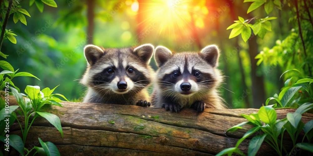 Obraz premium Playful Raccoons Peeking from Behind a Log in a Forest Setting - Aerial View of Nature's Mischief with Adorable Wildlife