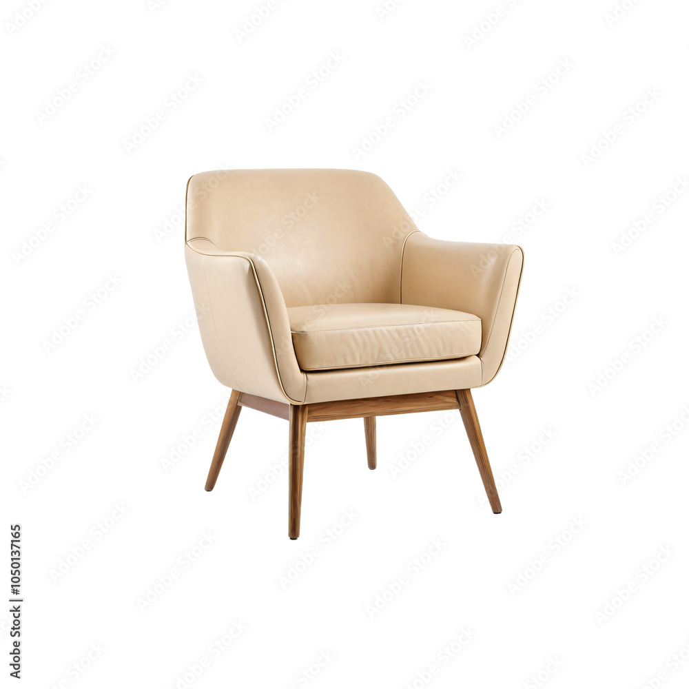 A beige leather armchair with wooden legs and a curved backrest is centrally positioned against a white background, showcasing its elegant design and minimalist aesthetic A beige leather armchair with wooden legs and a curved backrest is centrally positioned against a white background, showcasing its elegant design and minimalist aesthetic