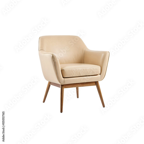 A beige leather armchair with wooden legs and a curved backrest is centrally positioned against a white background, showcasing its elegant design and minimalist aesthetic