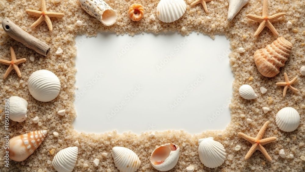 Obraz premium Tranquil beach scene with seashells starfish and driftwood on sand