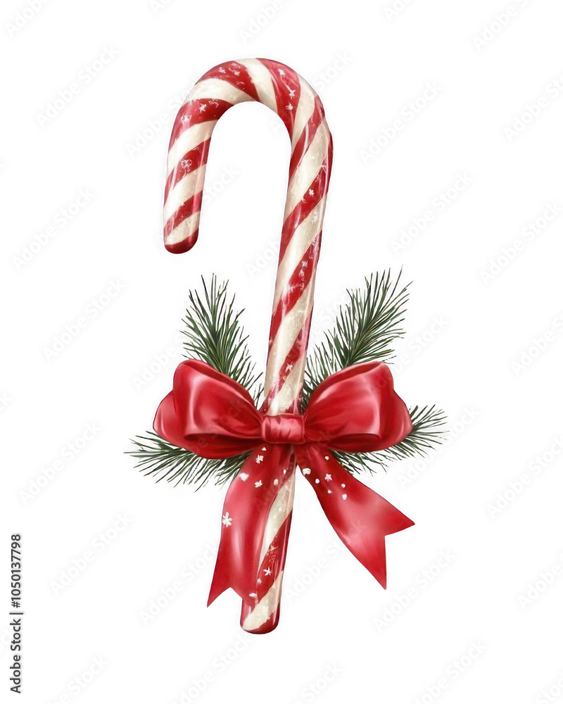 Candy cane with red bow and holly leaf, Christmas decoration isolated on transparent background, cutout PNG file. Candy cane with red bow and holly leaf, Christmas decoration isolated on transparent background, cutout PNG file.