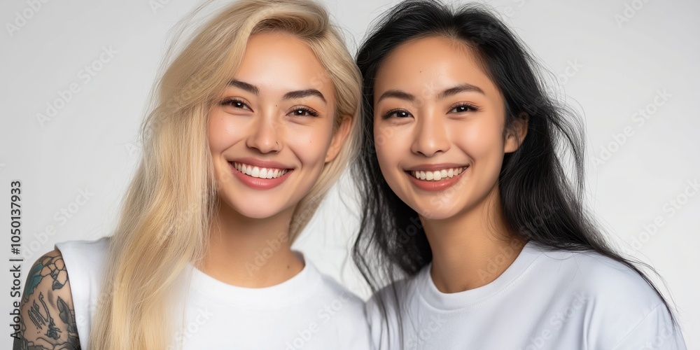 Two women with long hair and smiling at the camera. One of them is wearing a white shirt Two women with long hair and smiling at the camera. One of them is wearing a white shirt