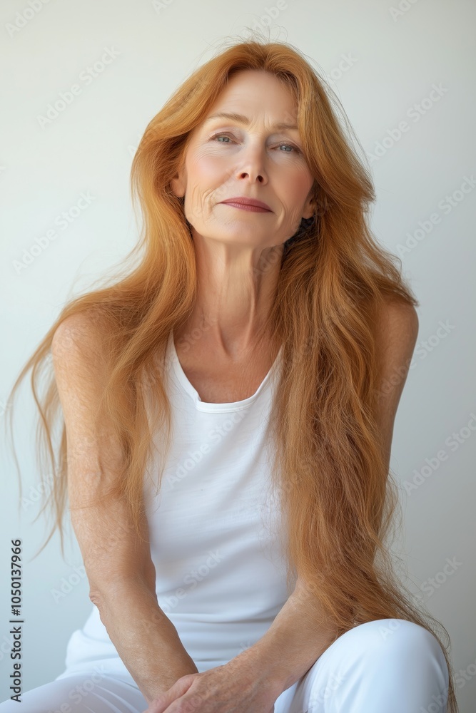 A woman with long red hair is sitting in a white shirt. She has a serious expression on her face A woman with long red hair is sitting in a white shirt. She has a serious expression on her face