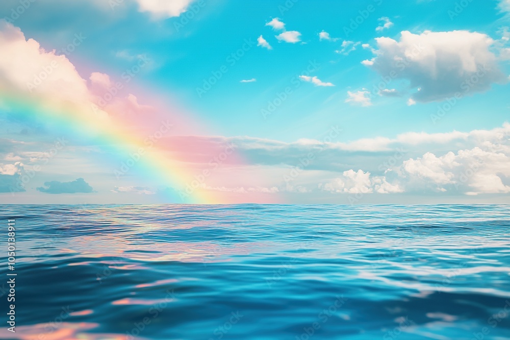 Fototapeta premium Rainbow in blue sky over the ocean