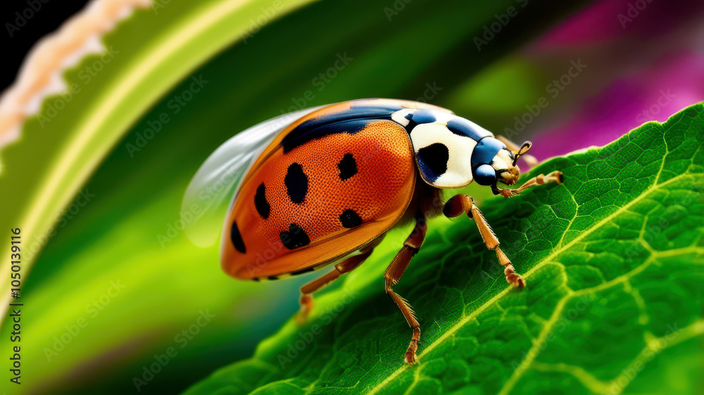 Fototapeta premium A ladybug is on a leaf