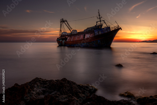 Obraz na płótnie Shipwreck on the cliffs. Sunset on the coast of Apulia, Italy, near Taranto. Long exposure with the wreck of a larger fishing boat with a beautiful sky. Southern Italy w salonie