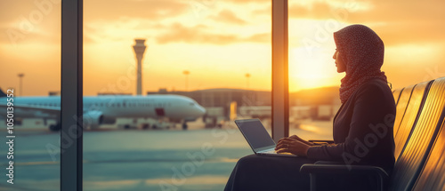 Middle eastern woman waiting at airport hall, working on a laptop, airplane visible behind window during evening sunset light. Generative AI