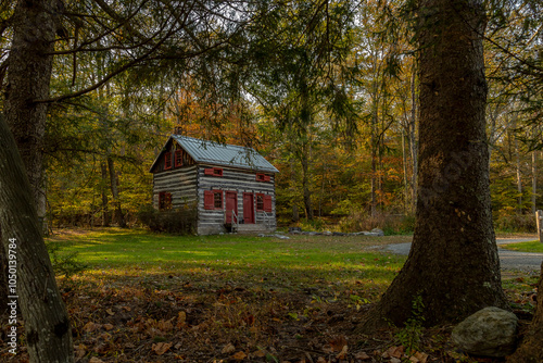 Cabin at the School of Conservation, Stokes State Forest, NJ on an autumn afternoon photo