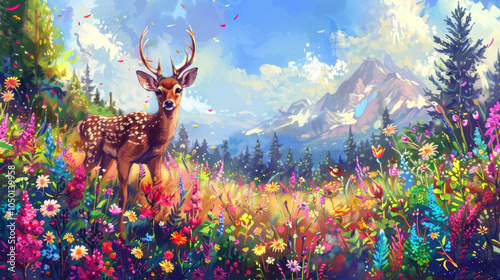 animal painting with flowers on background photo