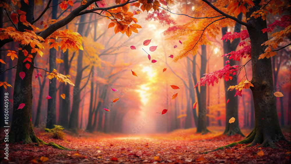 Fototapeta premium Vibrant autumn forest with falling leaves at sunset