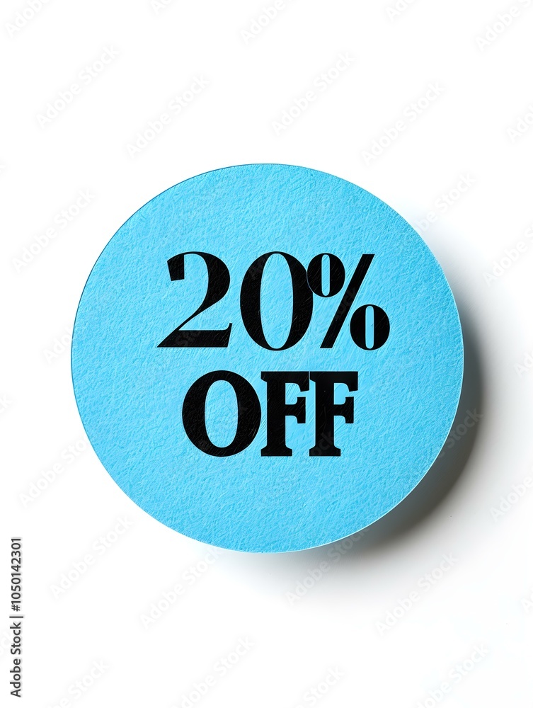 Black '20% OFF' Text on a Blue Round Paper Note. White Background Black '20% OFF' Text on a Blue Round Paper Note. White Background
