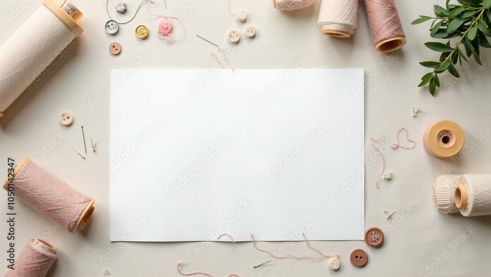 Craft inspired scene with scattered buttons threads and needles on light fabric