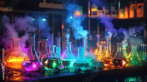 Futuristic Biokinetic Potions Laboratory with Luminous Neon Colored Elixirs and Intricate Scientific Glassware photo