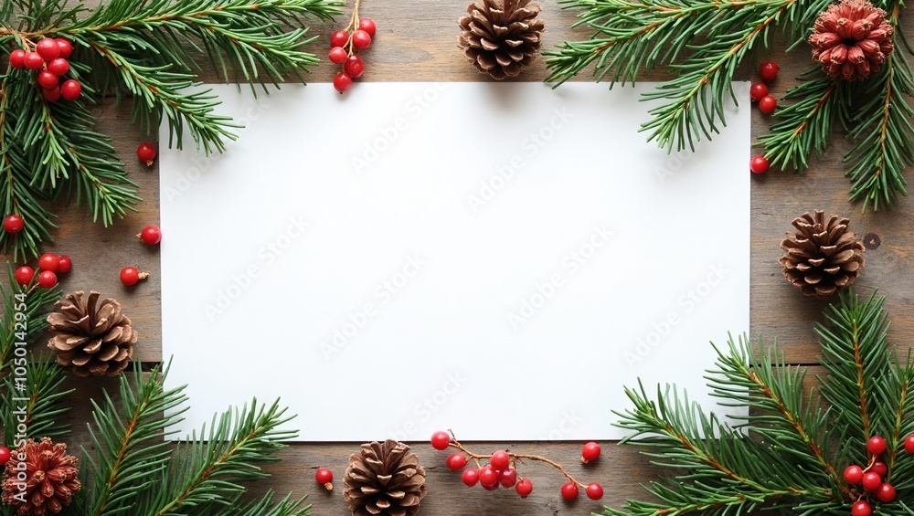 Cozy holiday composition with holly pinecones and berries on wooden backdrop