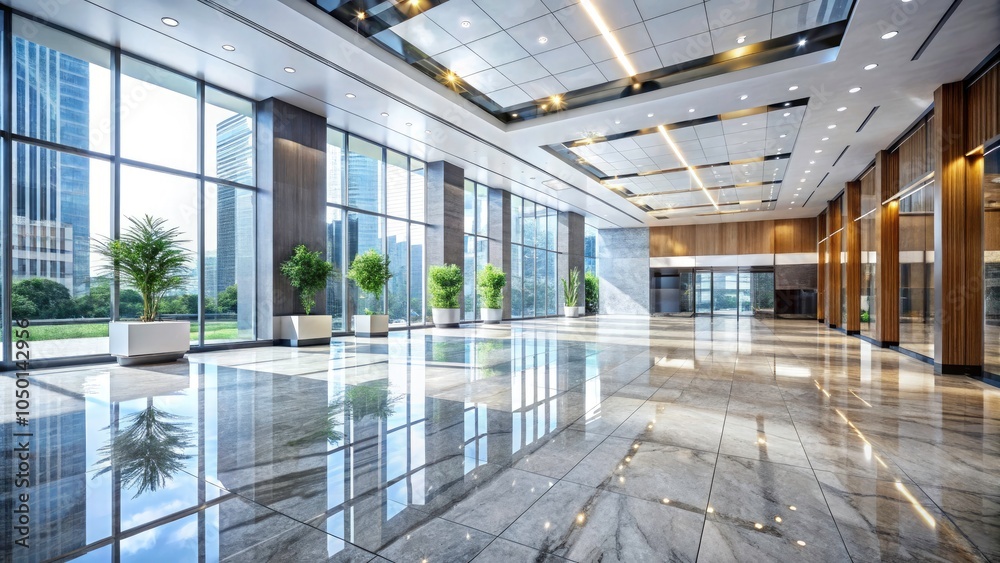 Spacious Bright Corporate Lobby with Floor-to-Ceiling Windows, Reflective Marble Floors, Sleek Modern Design, Contemporary Architecture, Welcoming Atmosphere Spacious Bright Corporate Lobby with Floor-to-Ceiling Windows, Reflective Marble Floors, Sleek Modern Design, Contemporary Architecture, Welcoming Atmosphere