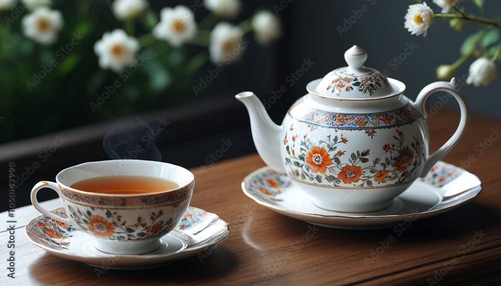 A delicate porcelain tea set with intricate detailing, inviting leisurely afternoons and serene moments over a warm cup, Generative AI A delicate porcelain tea set with intricate detailing, inviting leisurely afternoons and serene moments over a warm cup, Generative AI