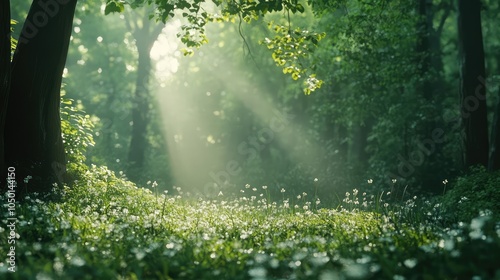 A tranquil glade in a pristine forest, with soft sunlight filtering through the leaves and illuminating the untouched ground cover