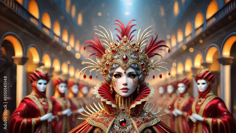 Fototapeta premium A Venetian from a masquerade ball setting, wearing a mask made of red and gold jewels