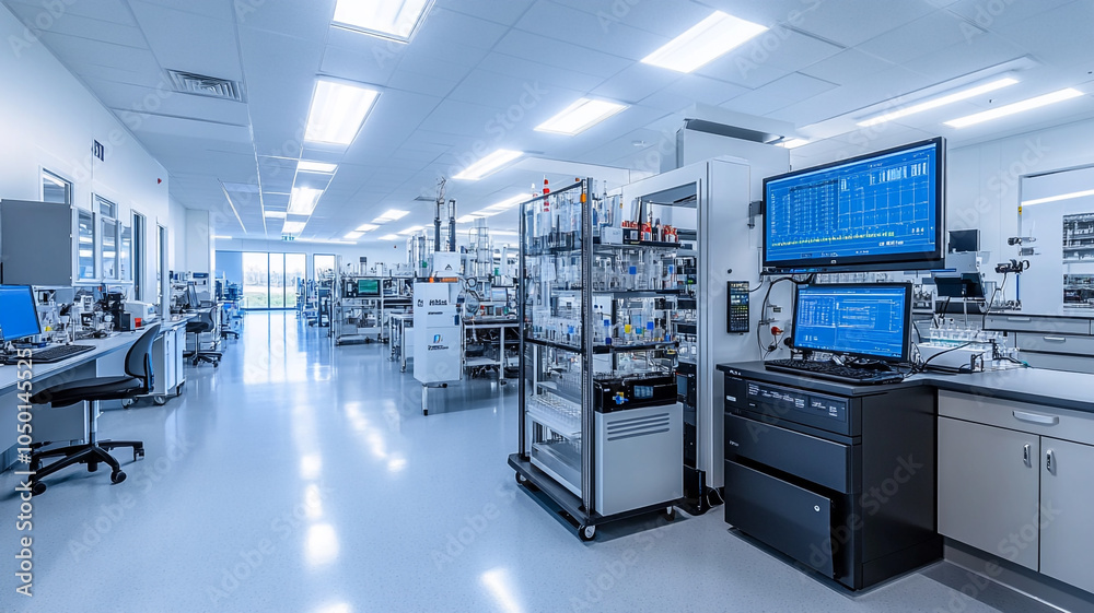 Modern laboratory workspace with advanced equipment and bright lighting during daytime