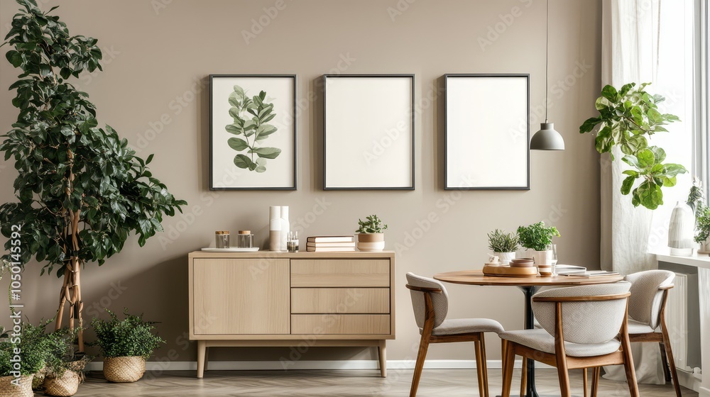 Fototapeta premium Modern Minimalist Interior with Plants and Decorative Frames