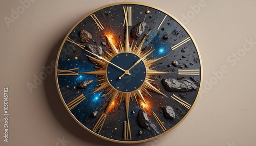 A decorative meteorite-inspired wall clock with celestial motifs, merging functionality with artistry to create a timeless piece for any space, Generative AI