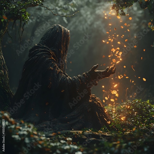 Solitary Druid Communing with Ancient Woodland Digital Painting photo