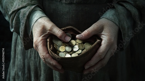 Poor woman holding purse with coins on grey background photo