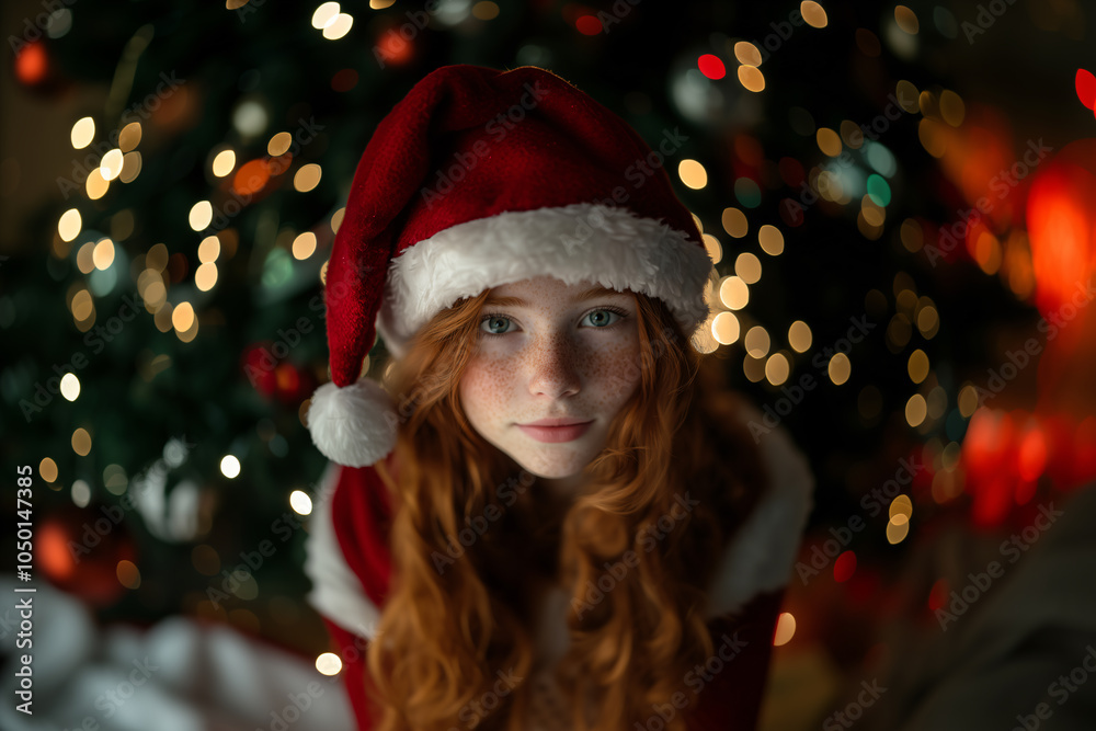 Young girl with red festive Christmas hat Young girl with red festive Christmas hat