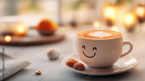 A cup of coffee with latte art in the shape of a smiley face on a table, side view, with a bokeh background of a cozy home interior at morning time, in a warm tone photo