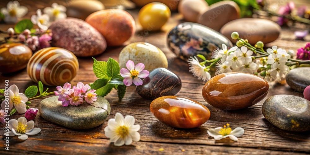 Fototapeta premium Smooth, polished stones arranged on a rustic wooden surface, adorned with delicate white and pink blossoms, creating a serene and balanced composition.