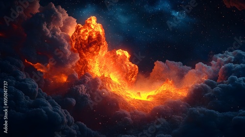 Erupting Volcano at Night with Fiery Lava Flows and Dramatic Sky