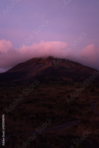 A serene mountain peak enveloped in soft, pink clouds at dusk.