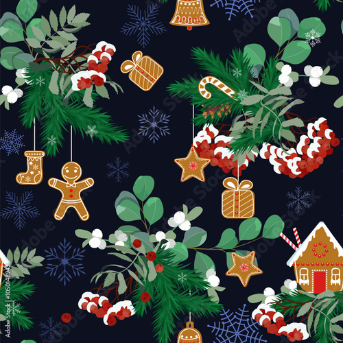 Seamless pattern with Christmas gingerbread, spruce and rowan in vintage style on dark background. For decoration textile, packaging, culinary packaging. Vector illustration.