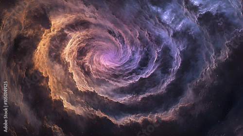 Pink and violet clouds forming a spiral in a far-off galaxy full of mystery
