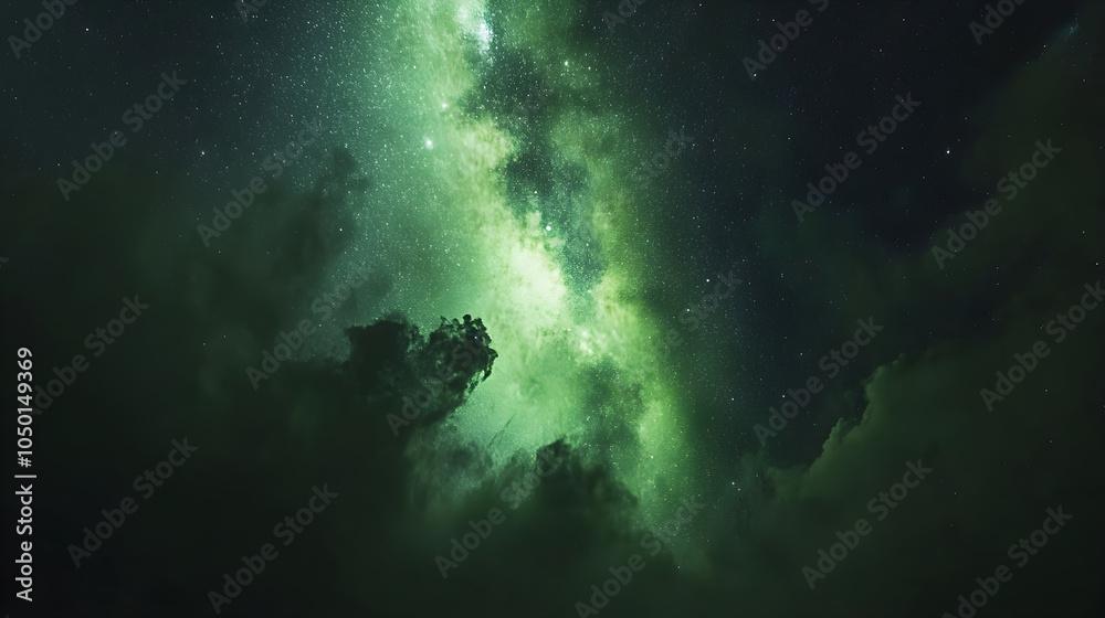 Fototapeta premium Ethereal green aurora blending with the Milky Way against a pitch-black sky