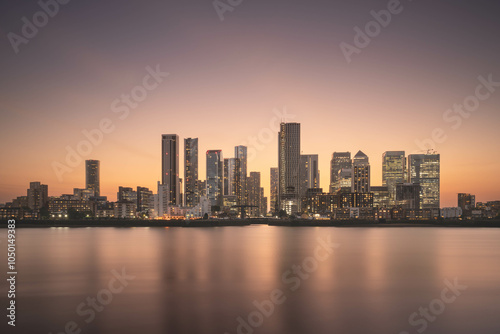 Canary Wharf at sunset, shot from the Greenwich peninsula .
