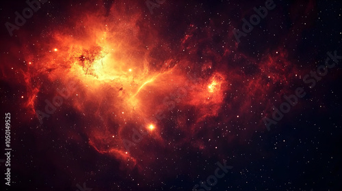 Fiery red and orange nebula illuminating distant stars in the dark expanse of space