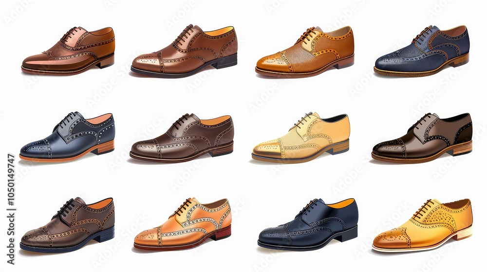 Nine different pairs of brogue shoes in brown, tan, and blue leather, each with different patterns. Nine different pairs of brogue shoes in brown, tan, and blue leather, each with different patterns.