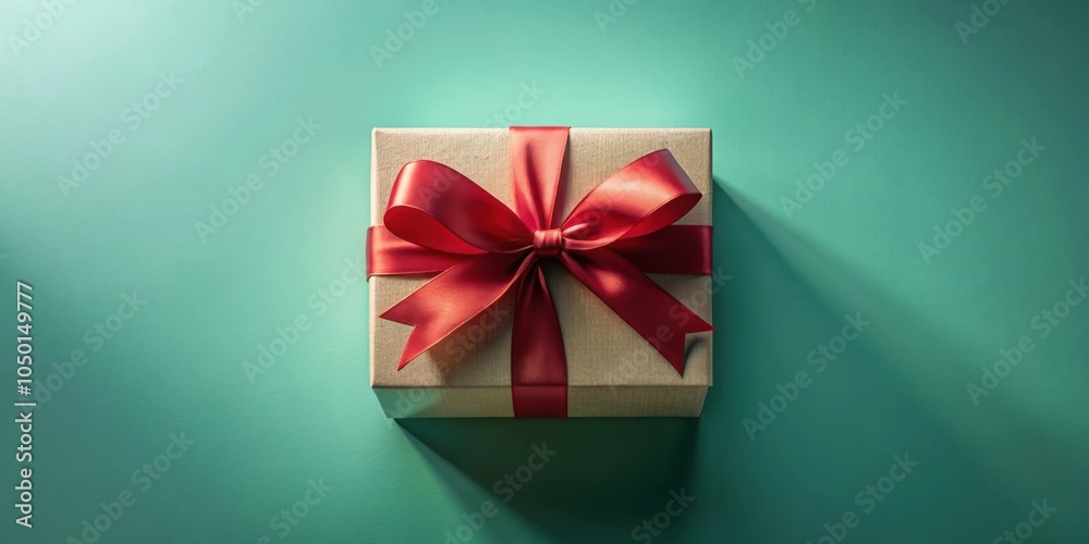 A single brown gift box with a red satin bow sits against a soft mint green background. A single brown gift box with a red satin bow sits against a soft mint green background.