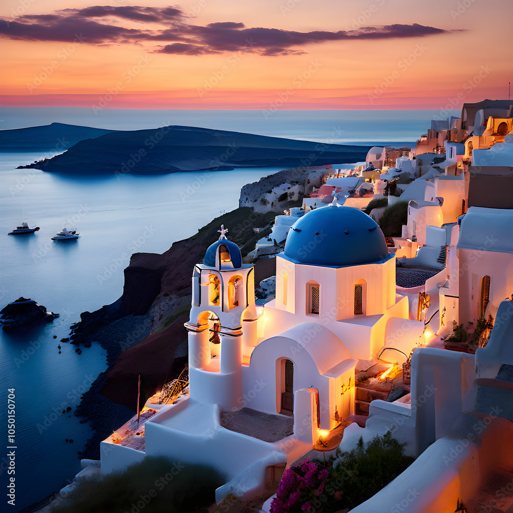 Obraz premium Beautiful view of Churches in Oia village, Santorini island in Greece at sunset, with dramatic sky, Blue churches of oia.